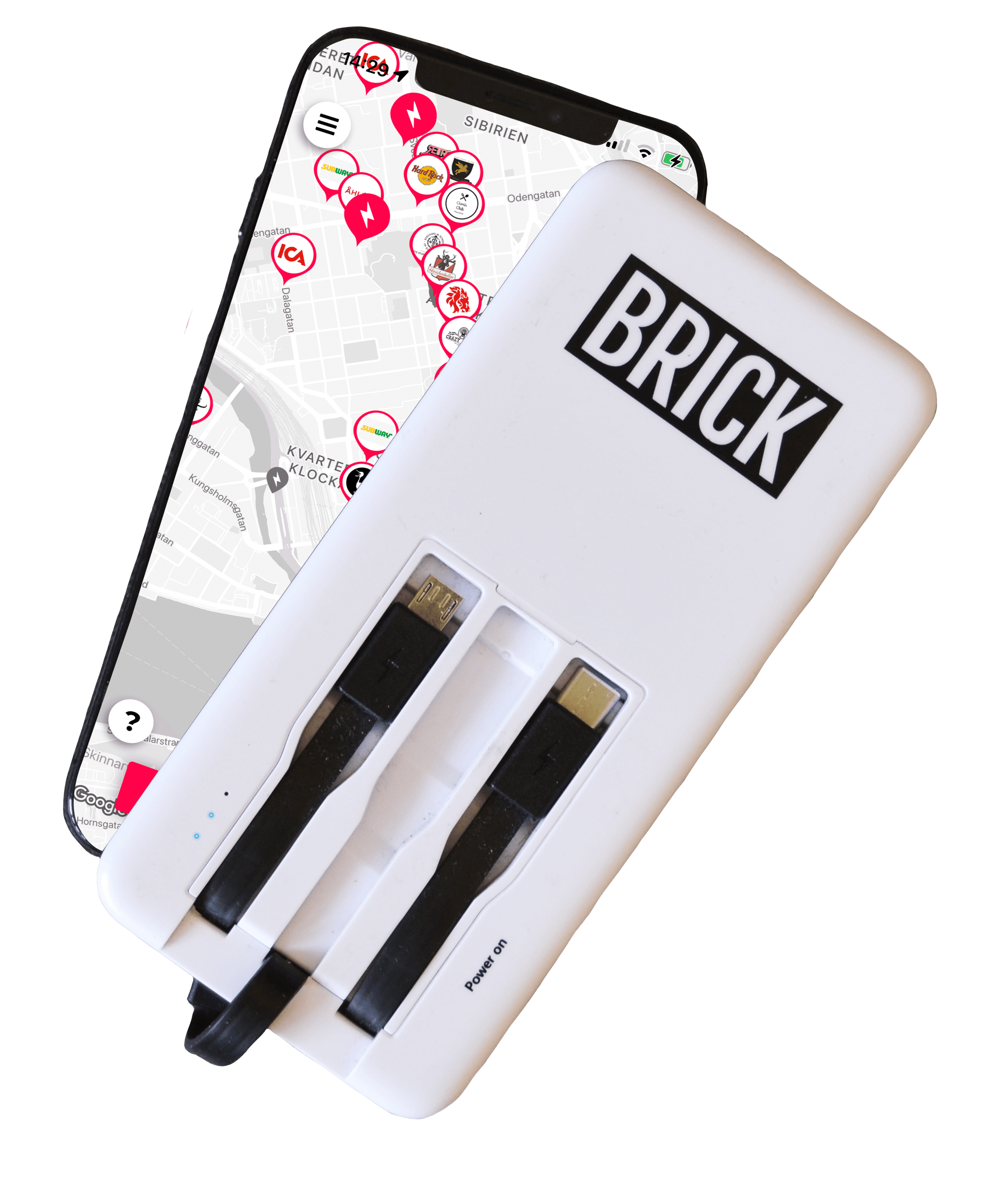 Egy Brick powerbank, amely egy telefont tölt
