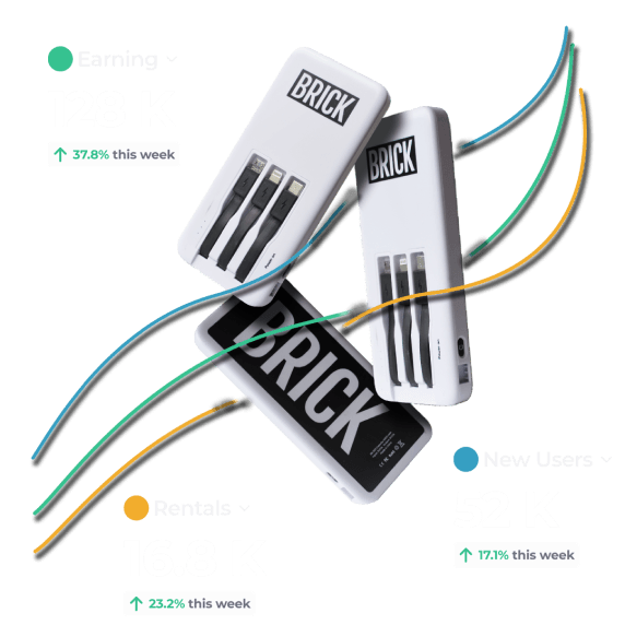 Três bancos de potência Brick e linhas gráficas com resultados positivos